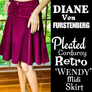 ▪️DIANE Von FURSTENBERG▪️Burgundy Pleated Corduroy Retro 'WENDY' Midi Skirt